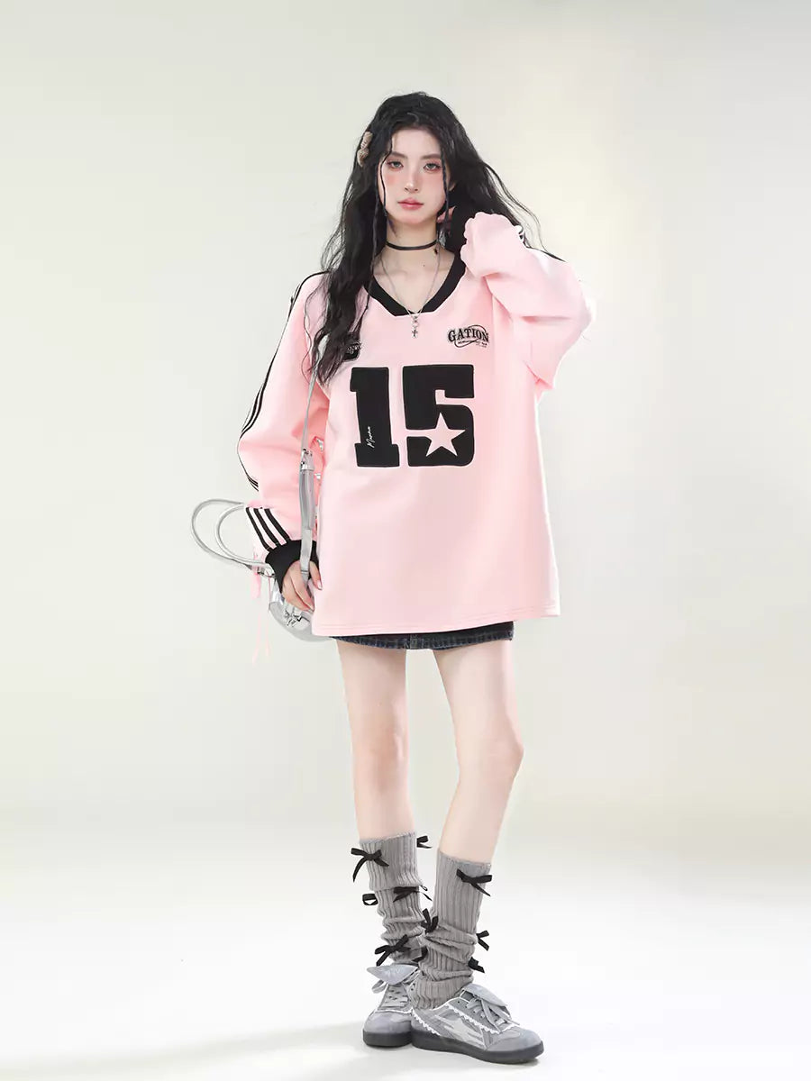 American Retro Sporty Stripes Sleeve V-Neck Sweatshirt