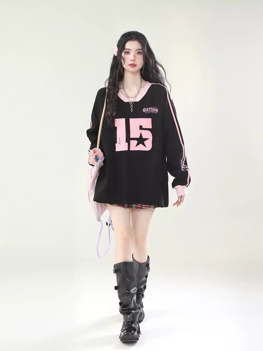 Sudadera deportiva americana retro con rayas y cuello en V