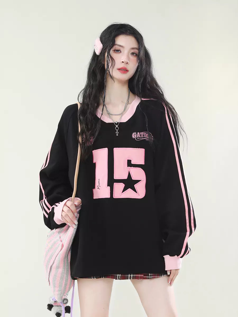 American Retro Sporty Stripes Sleeve V-Neck Sweatshirt