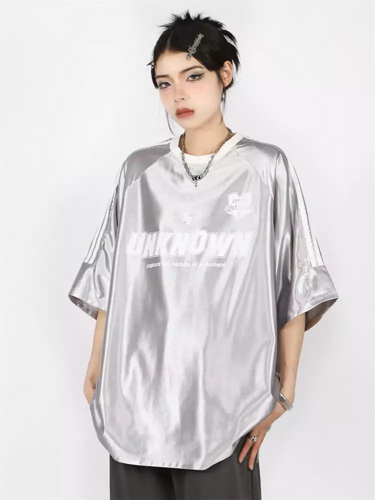 American Retro Style Shimmery Stripe Raglan Sleeve Tee