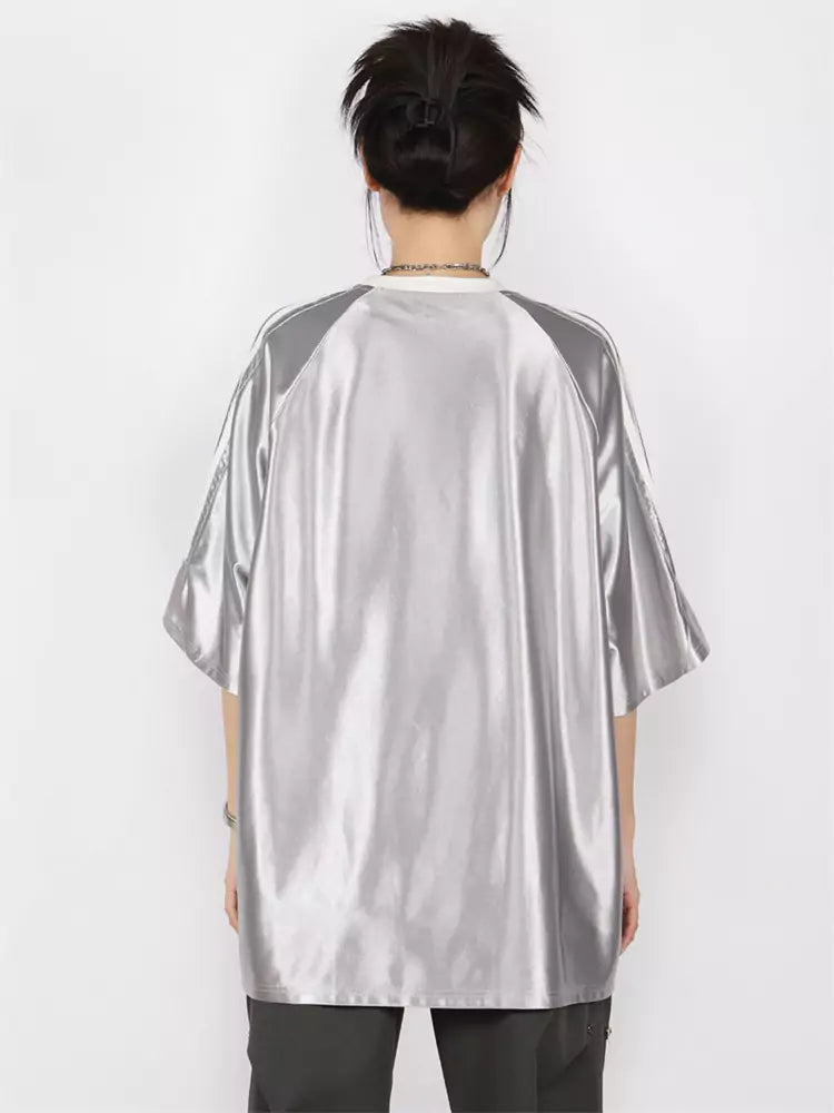 American Retro Style Shimmery Stripe Raglan Sleeve Tee