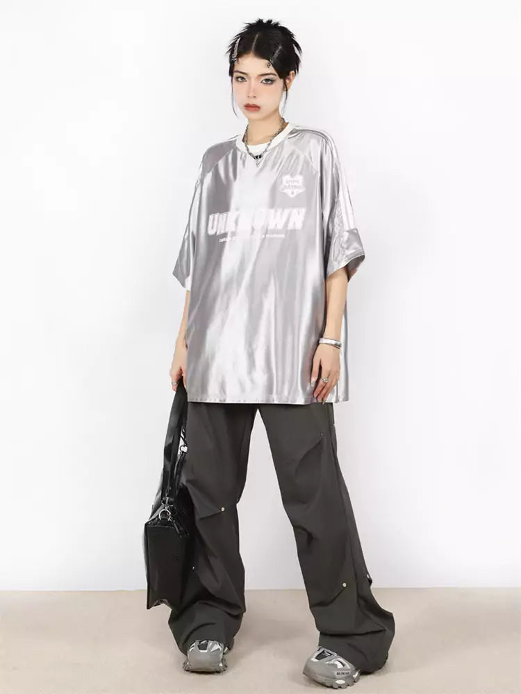American Retro Style Shimmery Stripe Raglan Sleeve Tee