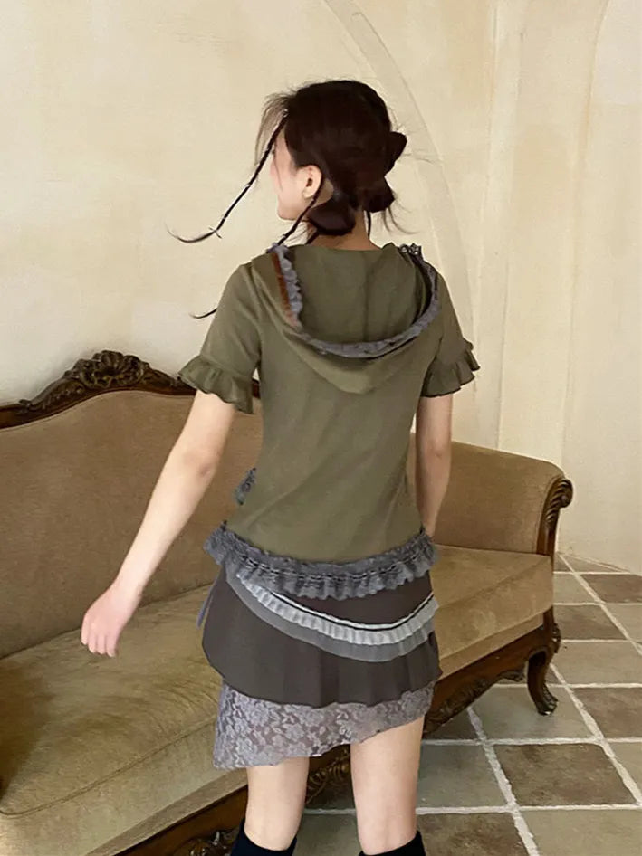 Anime Print Lace Trim Ruffled Short Sleeve Hoodie