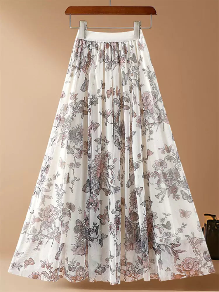 Apricot Floral Print Pleated A-Line Tulle Midi Skirt