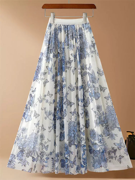 Apricot Floral Print Pleated A-Line Tulle Midi Skirt