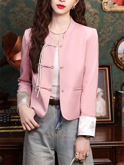 Pink Short Jacket with Chinese Knot Buttons and Modern Design