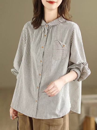 Artistic Loose Fit Striped Long Sleeve Cotton Linen Shirt
