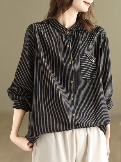 Artistic Loose Fit Striped Long Sleeve Cotton Linen Shirt