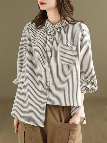 Artistic Loose Fit Striped Long Sleeve Cotton Linen Shirt