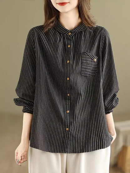 Artistic Loose Fit Striped Long Sleeve Cotton Linen Shirt