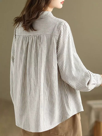 Artistic Loose Fit Striped Long Sleeve Cotton Linen Shirt