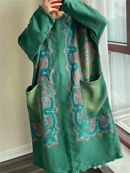 Artistic Printed Denim Midi Dress