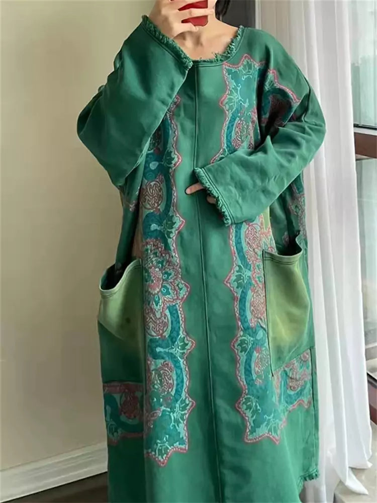 Artistic Printed Denim Midi Dress