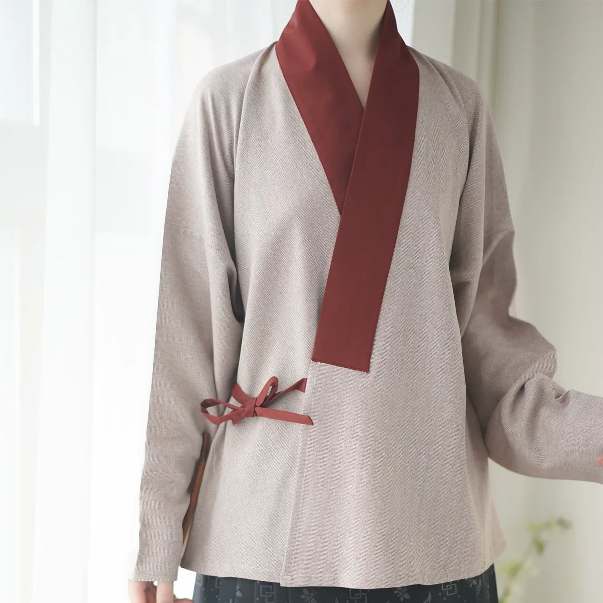 Asymmetrical Cross-Front Wrap Tunic with Contrast Collar