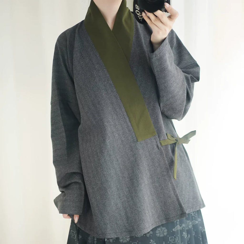 Asymmetrical Cross-Front Wrap Tunic with Contrast Collar