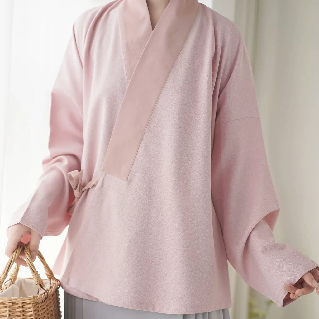 Asymmetrical Cross-Front Wrap Tunic with Contrast Collar
