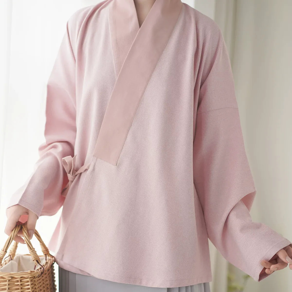 Asymmetrical Cross-Front Wrap Tunic with Contrast Collar