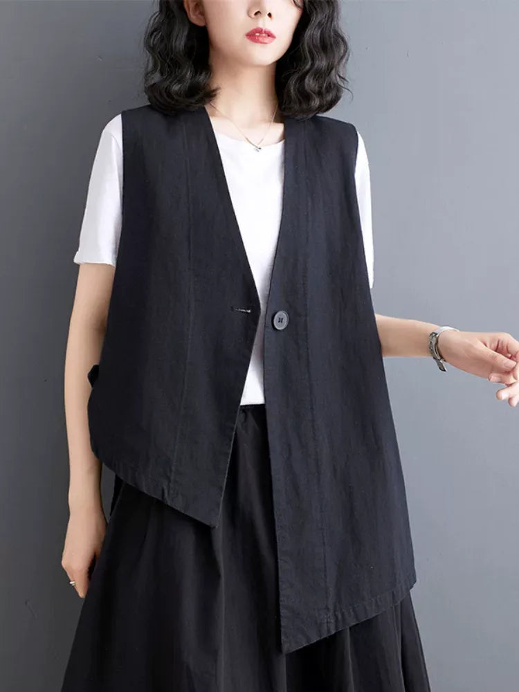 Asymmetrical Front Button Vest with High-Low Hem