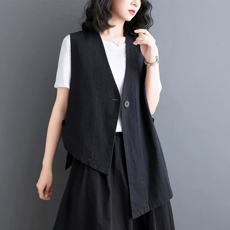 Asymmetrical Front Button Vest with High-Low Hem