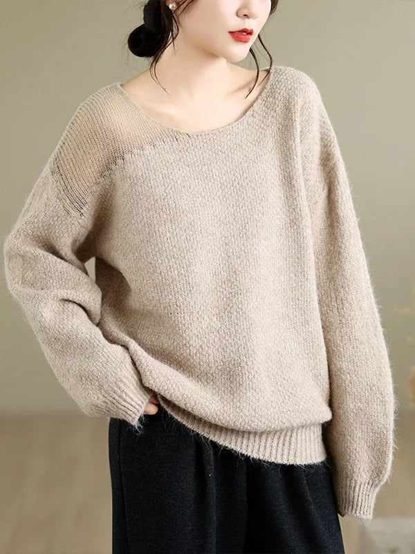 Asymmetrical Open-Knit Shoulder Fuzzy Pullover Sweater