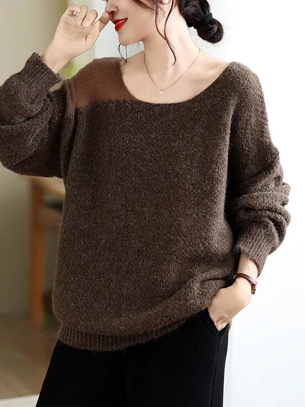 Asymmetrical Open-Knit Shoulder Fuzzy Pullover Sweater
