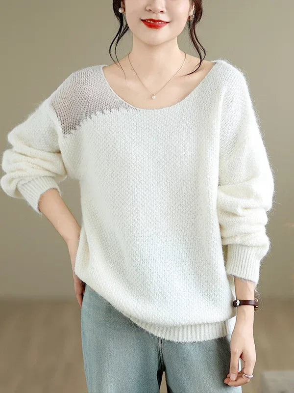 Asymmetrical Open-Knit Shoulder Fuzzy Pullover Sweater