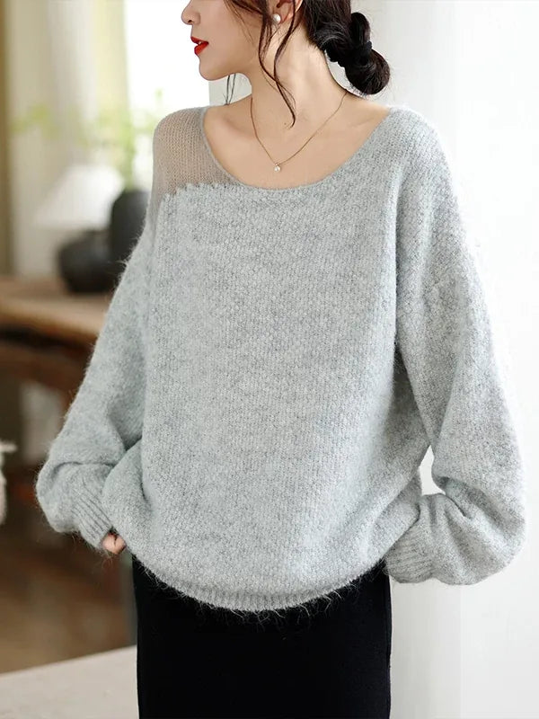 Asymmetrical Open-Knit Shoulder Fuzzy Pullover Sweater