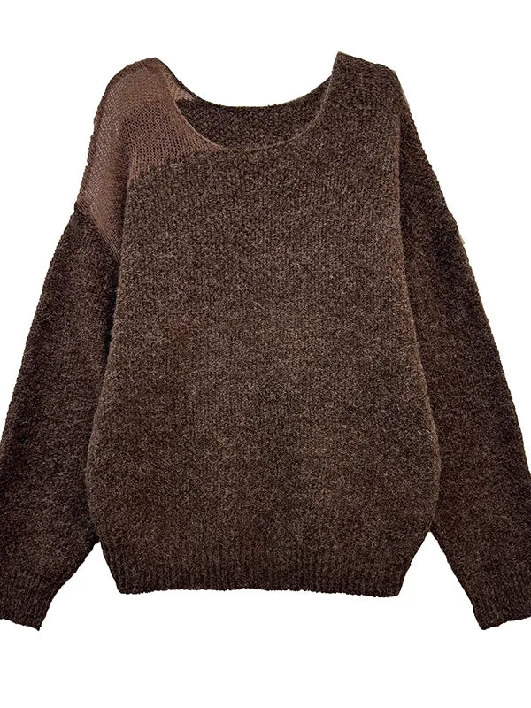 Asymmetrical Open-Knit Shoulder Fuzzy Pullover Sweater