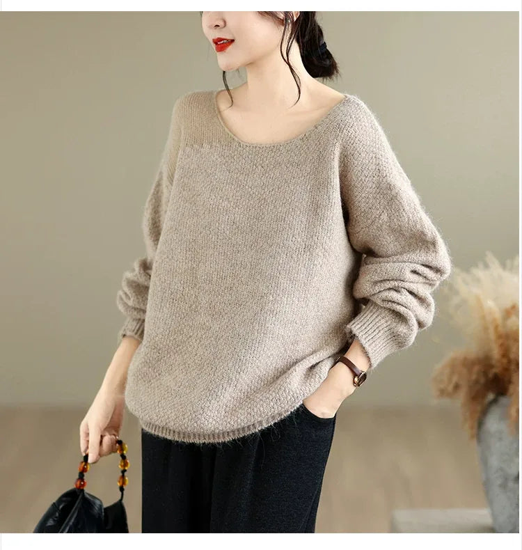 Asymmetrical Open-Knit Shoulder Fuzzy Pullover Sweater