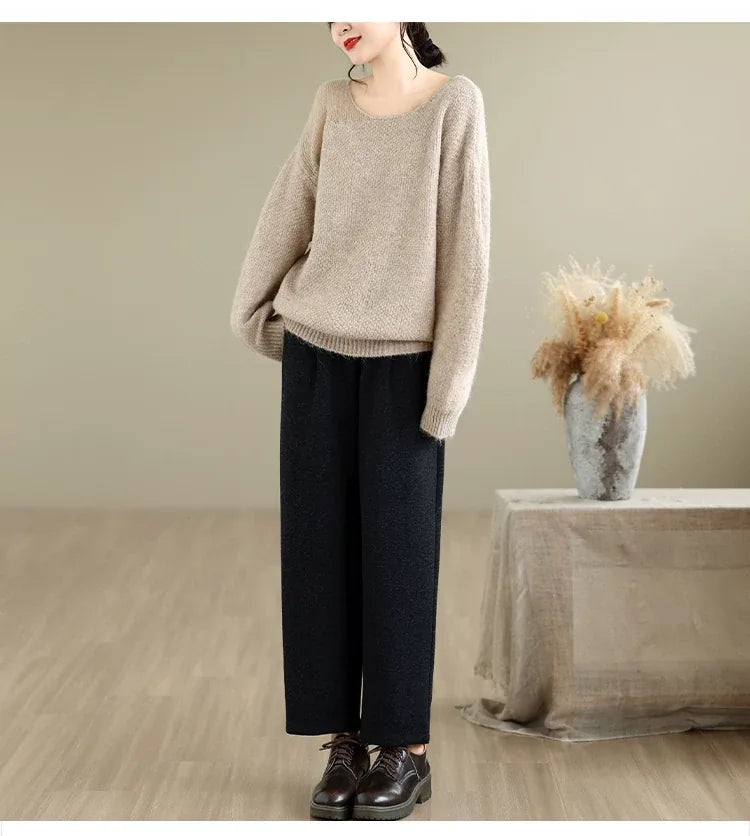 Asymmetrical Open-Knit Shoulder Fuzzy Pullover Sweater