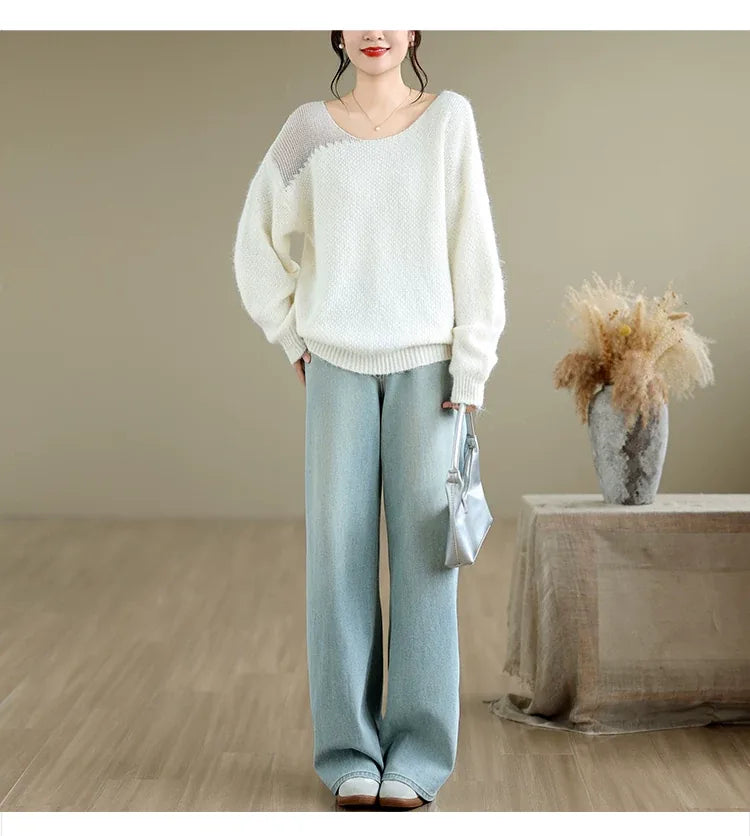 Asymmetrical Open-Knit Shoulder Fuzzy Pullover Sweater