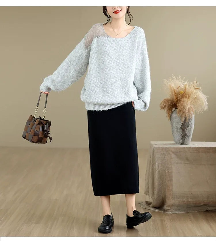 Asymmetrical Open-Knit Shoulder Fuzzy Pullover Sweater
