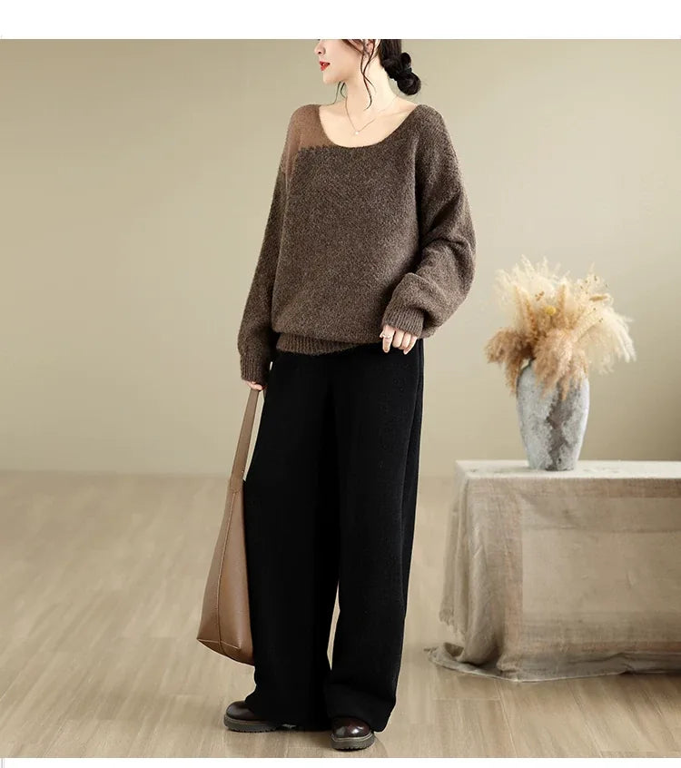 Asymmetrical Open-Knit Shoulder Fuzzy Pullover Sweater