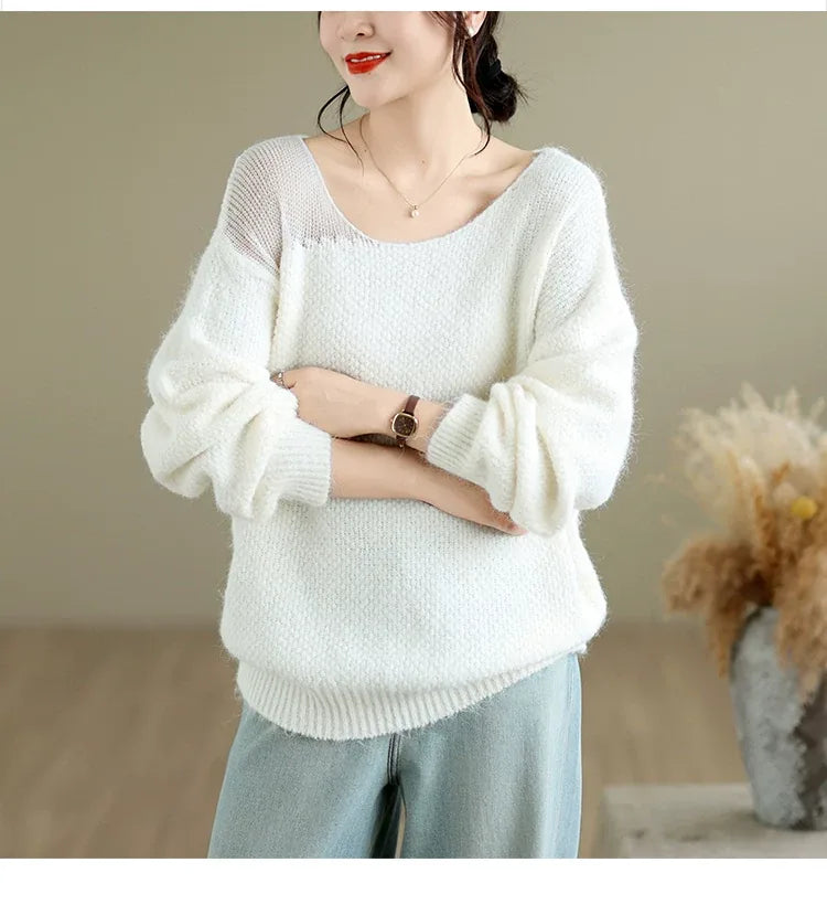 Asymmetrical Open-Knit Shoulder Fuzzy Pullover Sweater