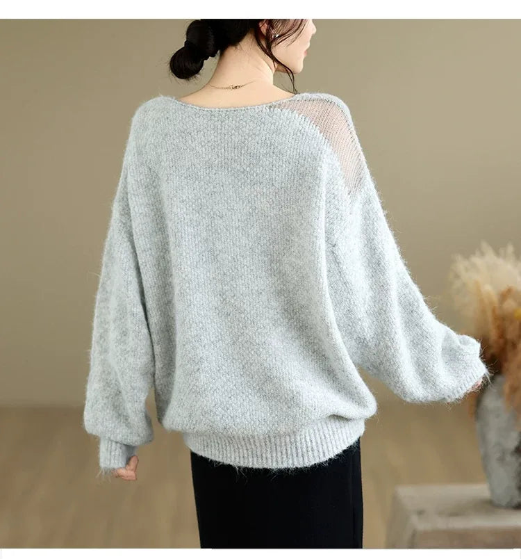 Asymmetrical Open-Knit Shoulder Fuzzy Pullover Sweater