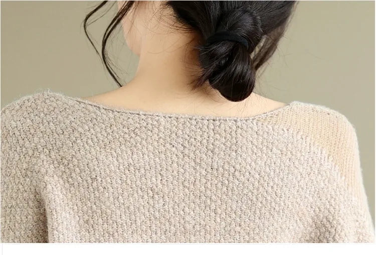 Asymmetrical Open-Knit Shoulder Fuzzy Pullover Sweater