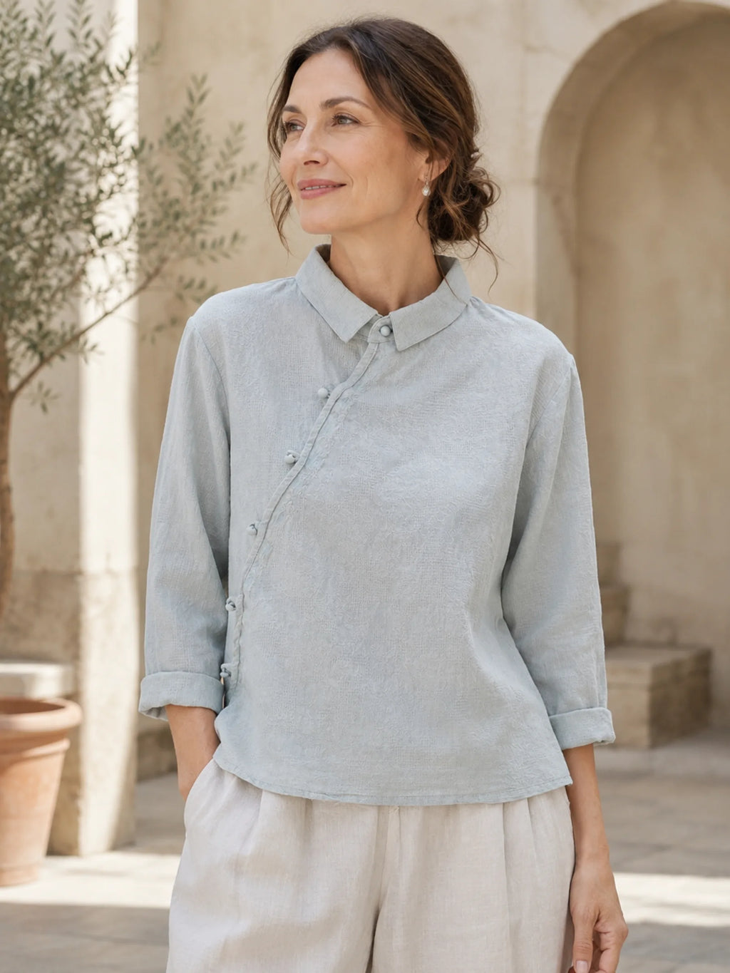 Asymmetrical Placket Linen-Cotton Blouse with Frog Buttons - detail view