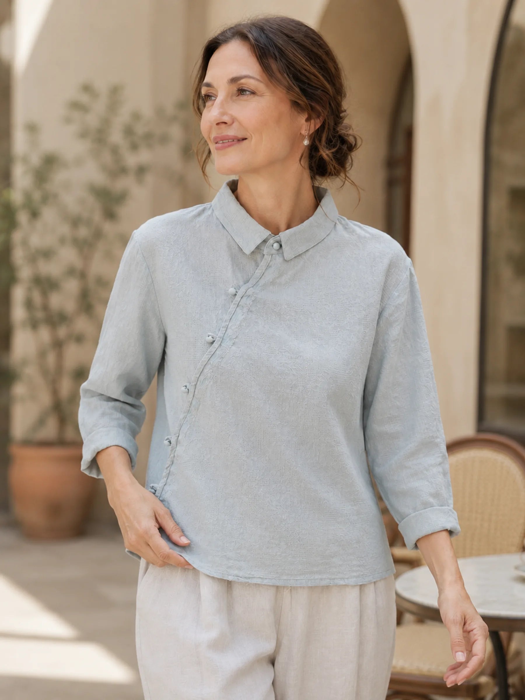 Asymmetrical Placket Linen-Cotton Blouse with Frog Buttons - full body view