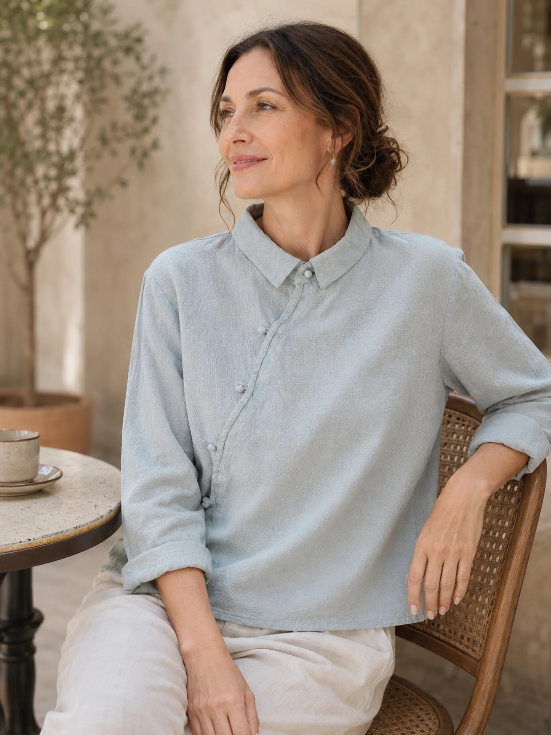 Asymmetrical Placket Linen-Cotton Blouse with Frog Buttons - main model view