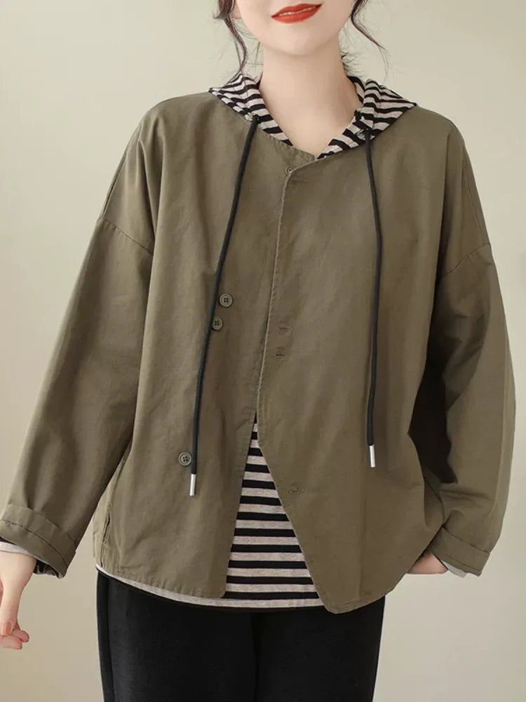 Asymmetrical Placket Relaxed Fit Jacket with Hood