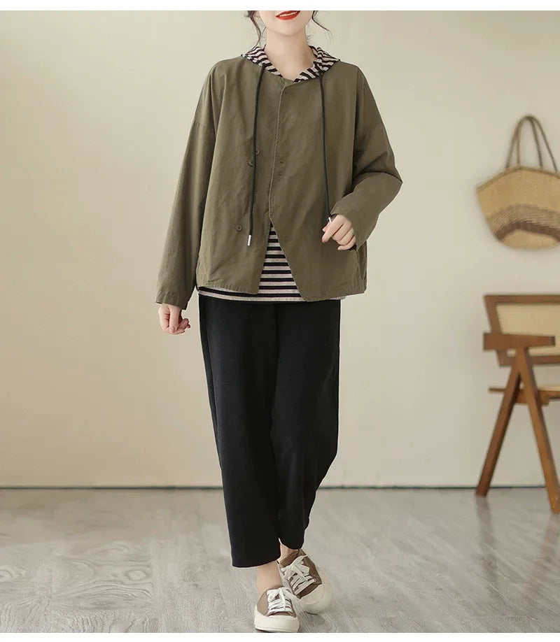 Asymmetrical Placket Relaxed Fit Jacket with Hood