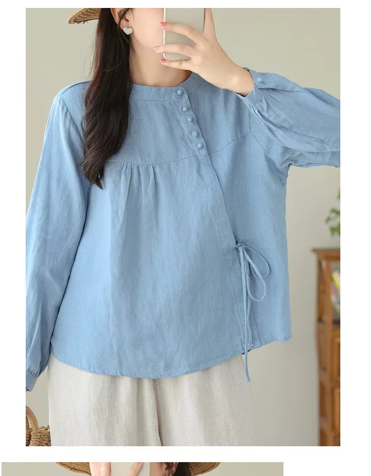 Asymmetrical Placket Shirt with Side Tie and Covered Buttons