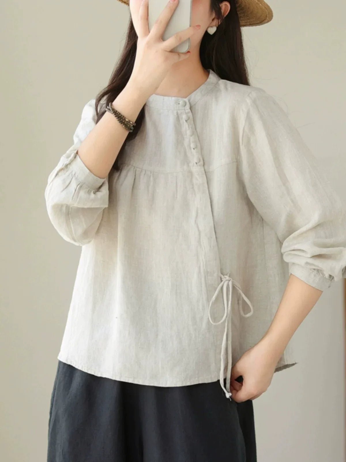 Asymmetrical Placket Shirt with Side Tie and Covered Buttons
