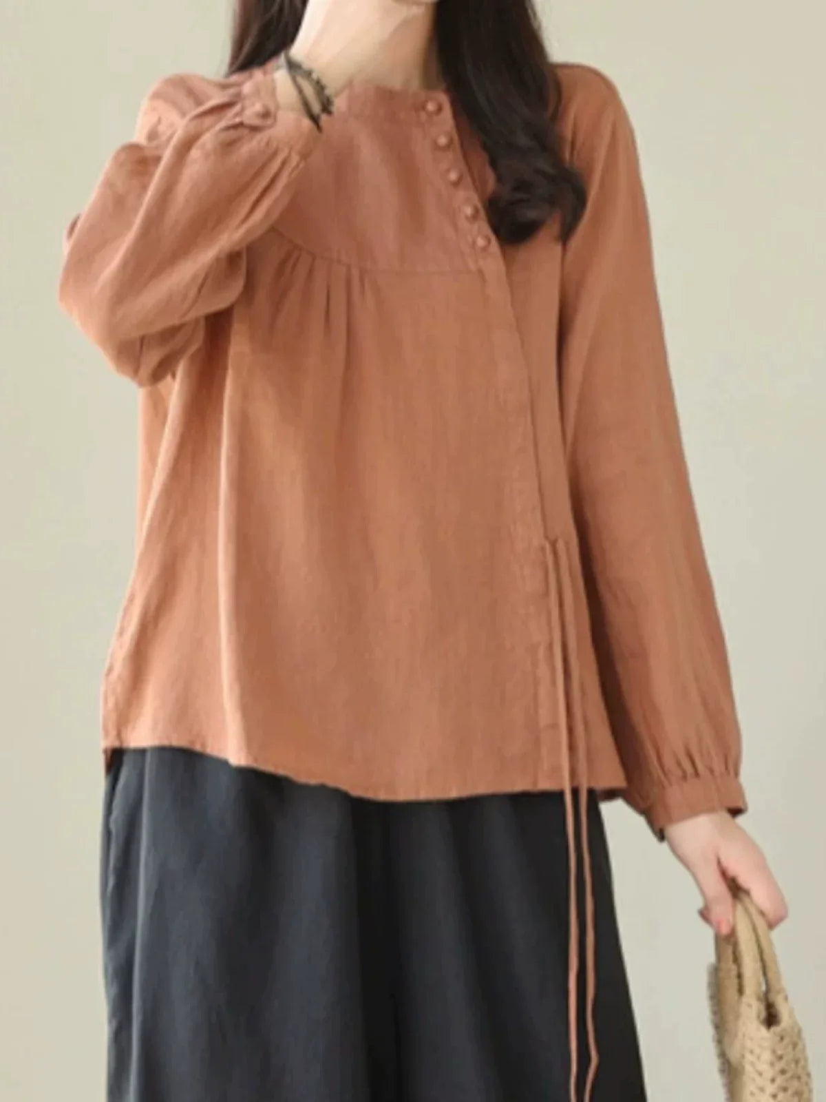 Asymmetrical Placket Shirt with Side Tie and Covered Buttons
