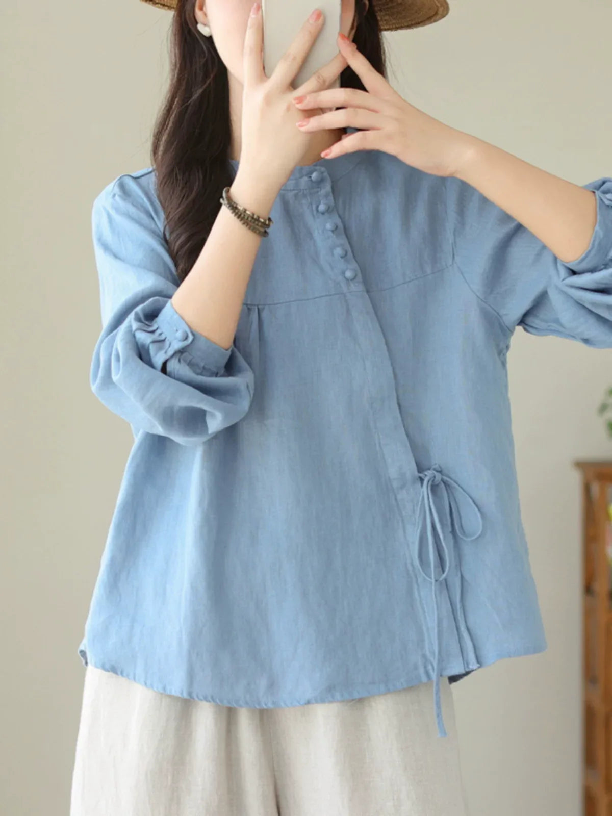 Asymmetrical Placket Shirt with Side Tie and Covered Buttons