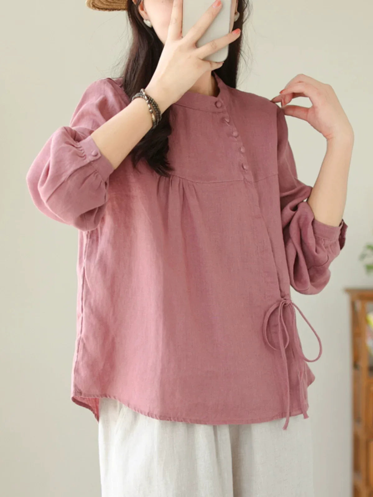 Asymmetrical Placket Shirt with Side Tie and Covered Buttons