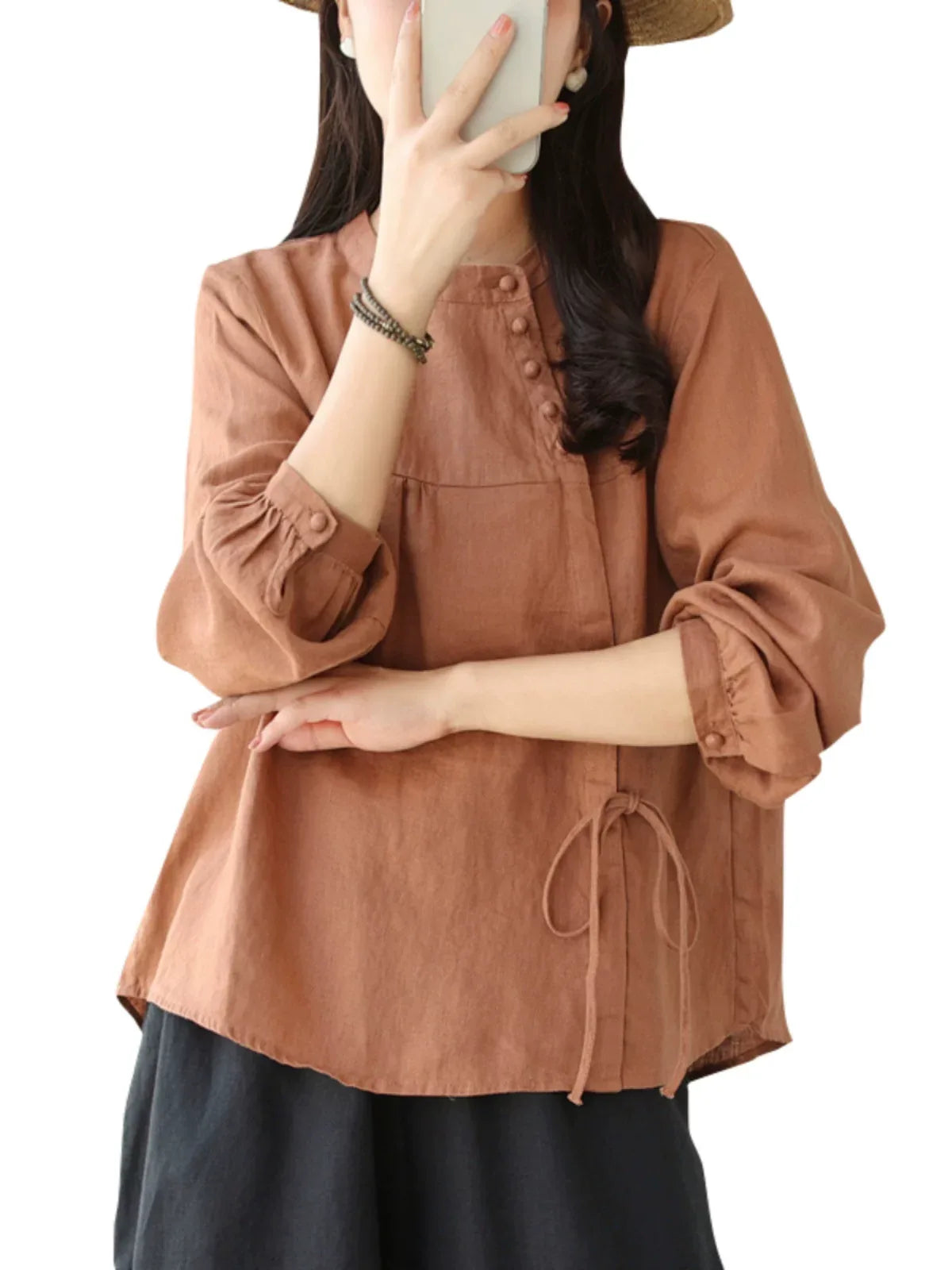 Asymmetrical Placket Shirt with Side Tie and Covered Buttons