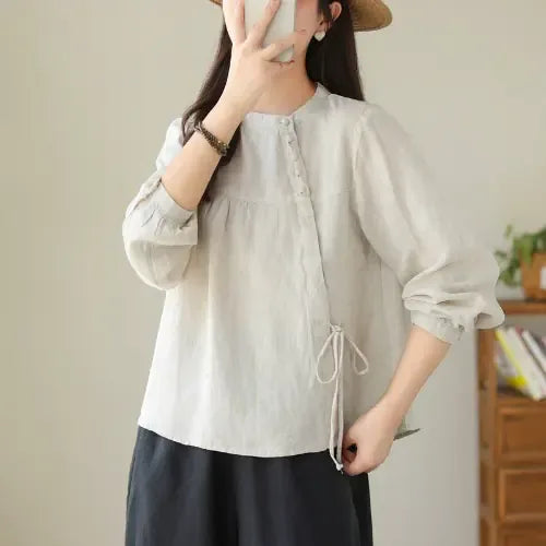 Asymmetrical Placket Shirt with Side Tie and Covered Buttons - Natural Hemp