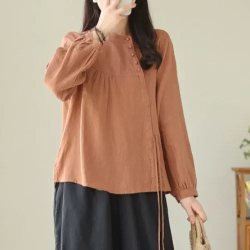 Asymmetrical Placket Shirt with Side Tie and Covered Buttons - Caramel