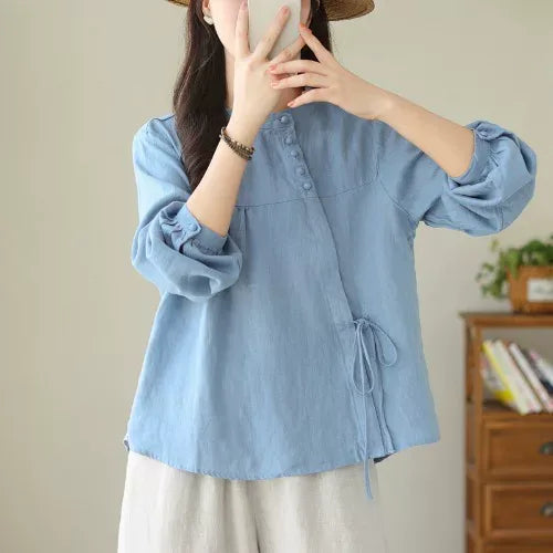 Asymmetrical Placket Shirt with Side Tie and Covered Buttons - Blue